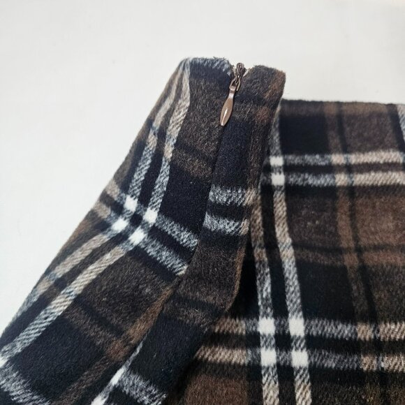 Women Plaid Mini Skirt Brown Black Wool Blend Autumn Size L Side Zip - Picture 3 of 11